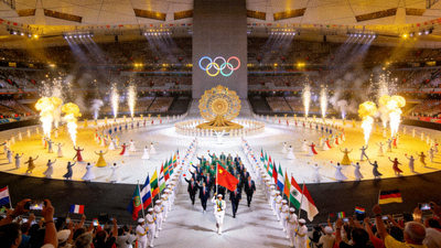 奥运会开幕式全场高清回放视频截图，盛大的文艺表演和运动员入场