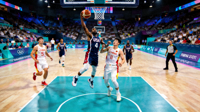 奥运会篮球比赛高清直播画面，美国队与中国队在场上激烈对抗