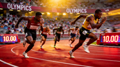 奥运会田径比赛高清直播画面，短跑选手在百米赛道上冲刺