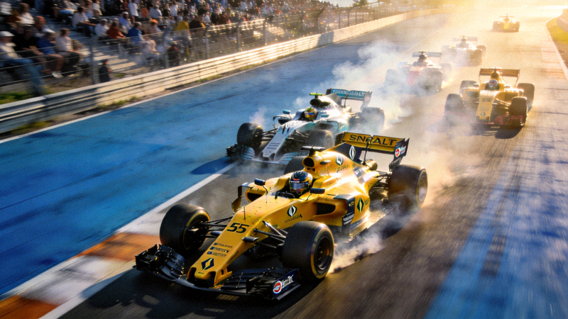 F1大奖赛主直播画面，显示多辆赛车在赛道上飞驰的壮观场景