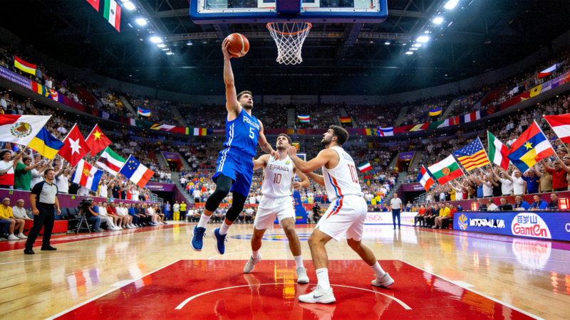 国际男篮世界杯比赛现场全景，球员激烈对抗，观众座无虚席