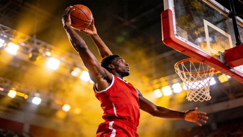 篮球运动员在球场上高高跃起准备扣篮的瞬间，背景是明亮的灯光