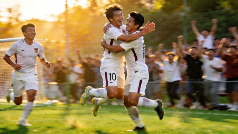 李明在一场关键比赛中进球后与队友激情庆祝的瞬间