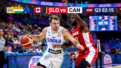 男篮世界杯斯洛文尼亚对阵加拿大的直播画面，东契奇持球进攻
