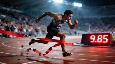 男子百米飞人大战冠军冲线瞬间高速摄影画面