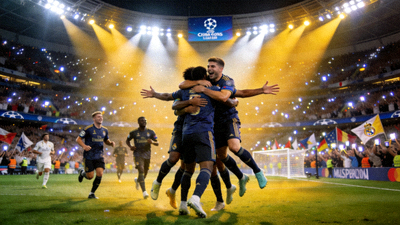 欧冠决赛比赛现场，球员在璀璨的灯光下庆祝进球，背景是座无虚席的体育场