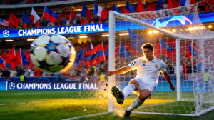 欧冠决赛第一个进球瞬间，球员射门入网