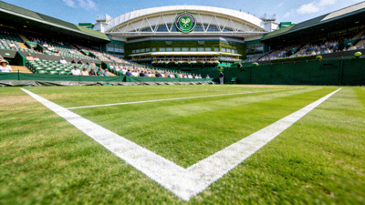 温布尔登中央球场日间全景，绿色草地与白色边线清晰可见