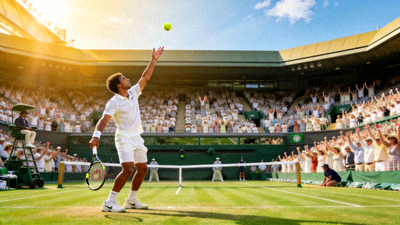 温网一号球场观众席坐满，球员正在底线发球