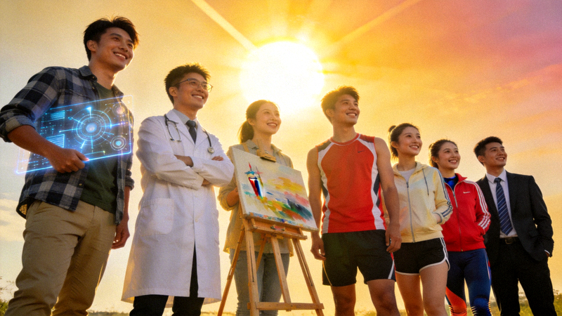 一群不同领域的年轻新秀充满朝气和希望地站在一起，背景是冉冉升起的朝阳