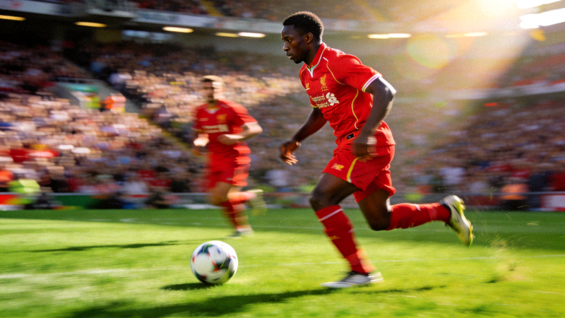 足球运动员在绿茵场上带球突破的精彩瞬间，背景是模糊的观众席