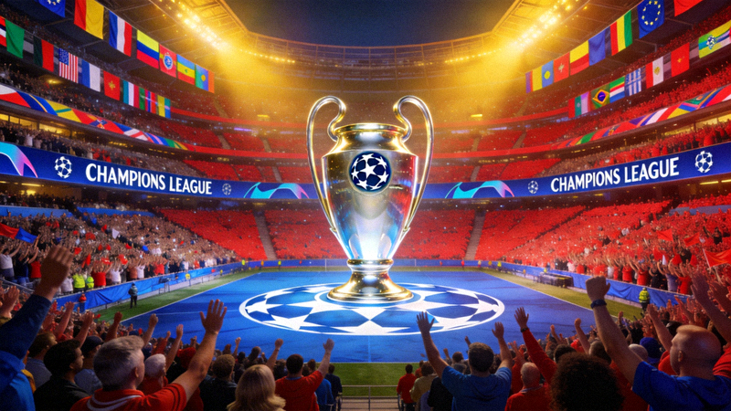 欧冠决赛比赛场地全景，巨大的欧冠奖杯标志和满座的球迷看台